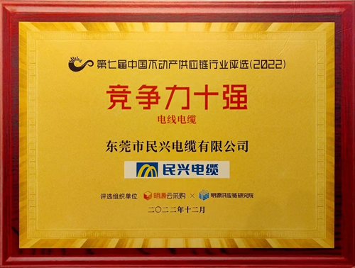 莞企民興電纜榮登2022年中國不動(dòng)產(chǎn)供應(yīng)鏈行業(yè)競(jìng)爭(zhēng)力十強(qiáng)
